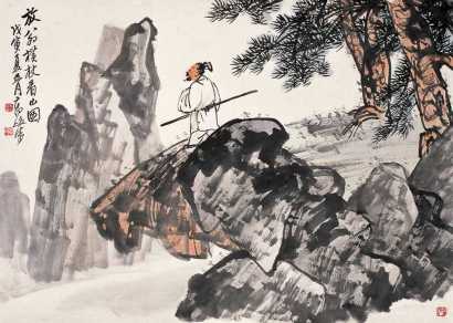 高峻 戊寅（1938）年作 放翁横杖看山 立轴